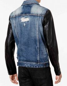Mens Vintage Blue Denim Jacket Leather Sleeves Mens Vintage Blue Denim Jacket Leather Sleeves