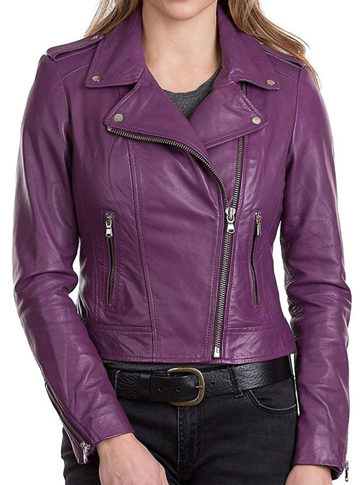 Womens Purple Classic Leather Jacket