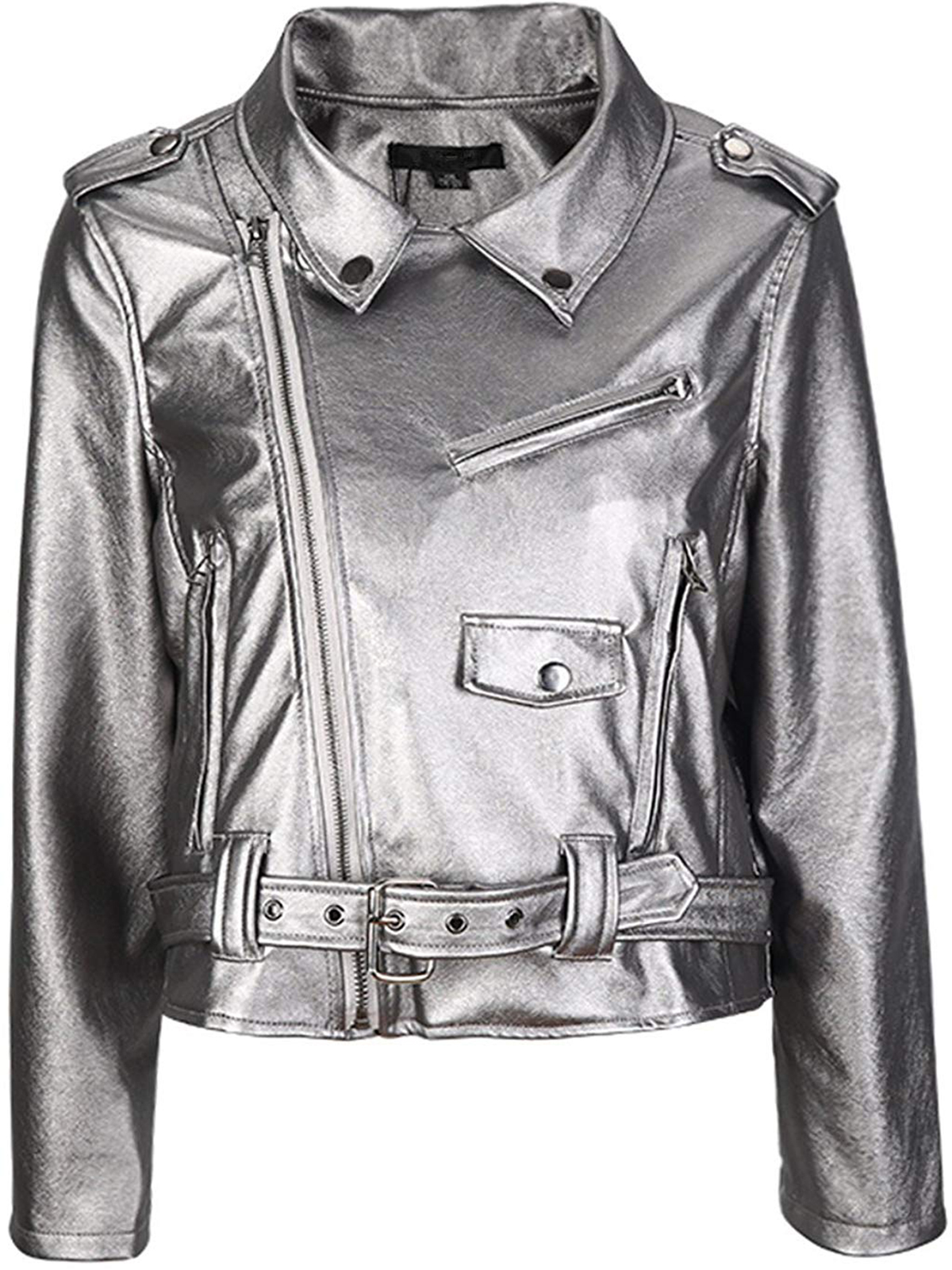 Women's Shiny Metallic Silver Leather Moto Biker Jacket