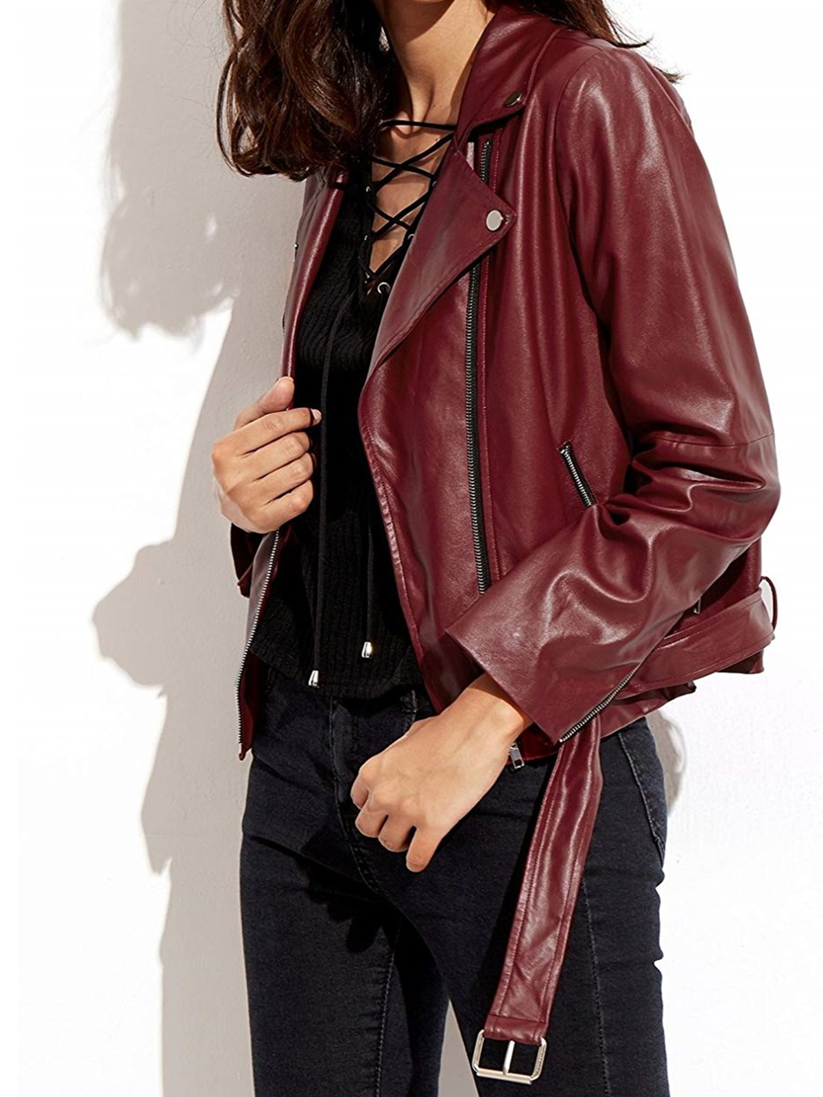 Women’s Burgundy Biker Moto Leather Jacket