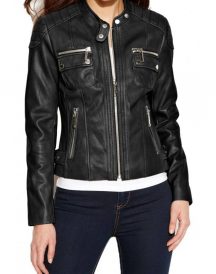 Women’s Petite Quilted Biker Black Leather Jacket