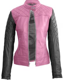 Women’s Pink With Black Sleeves Shoulder Genuine Leather Jacket