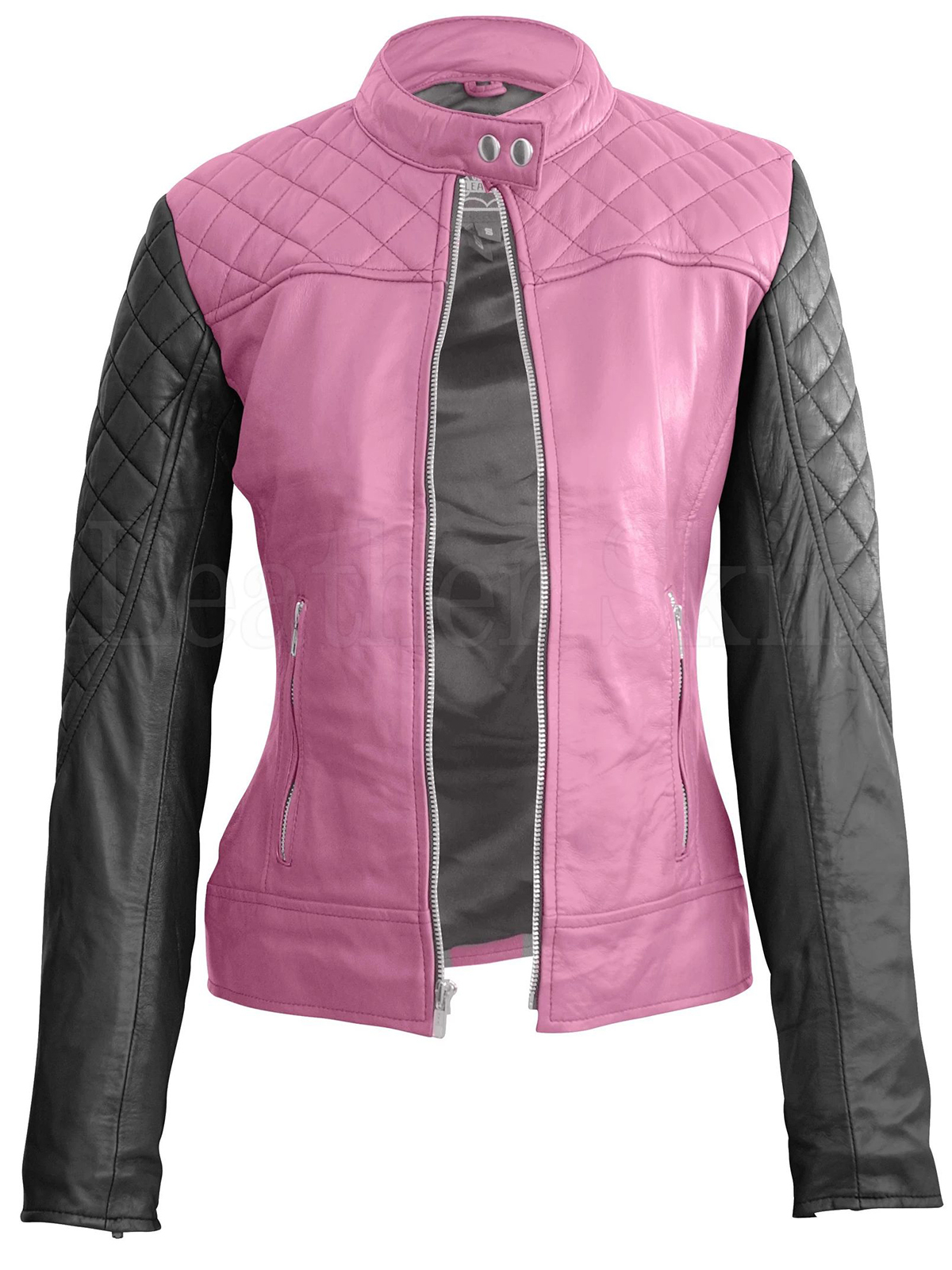 Women’s Pink With Black Sleeves Shoulder Quilted Leather Jacket