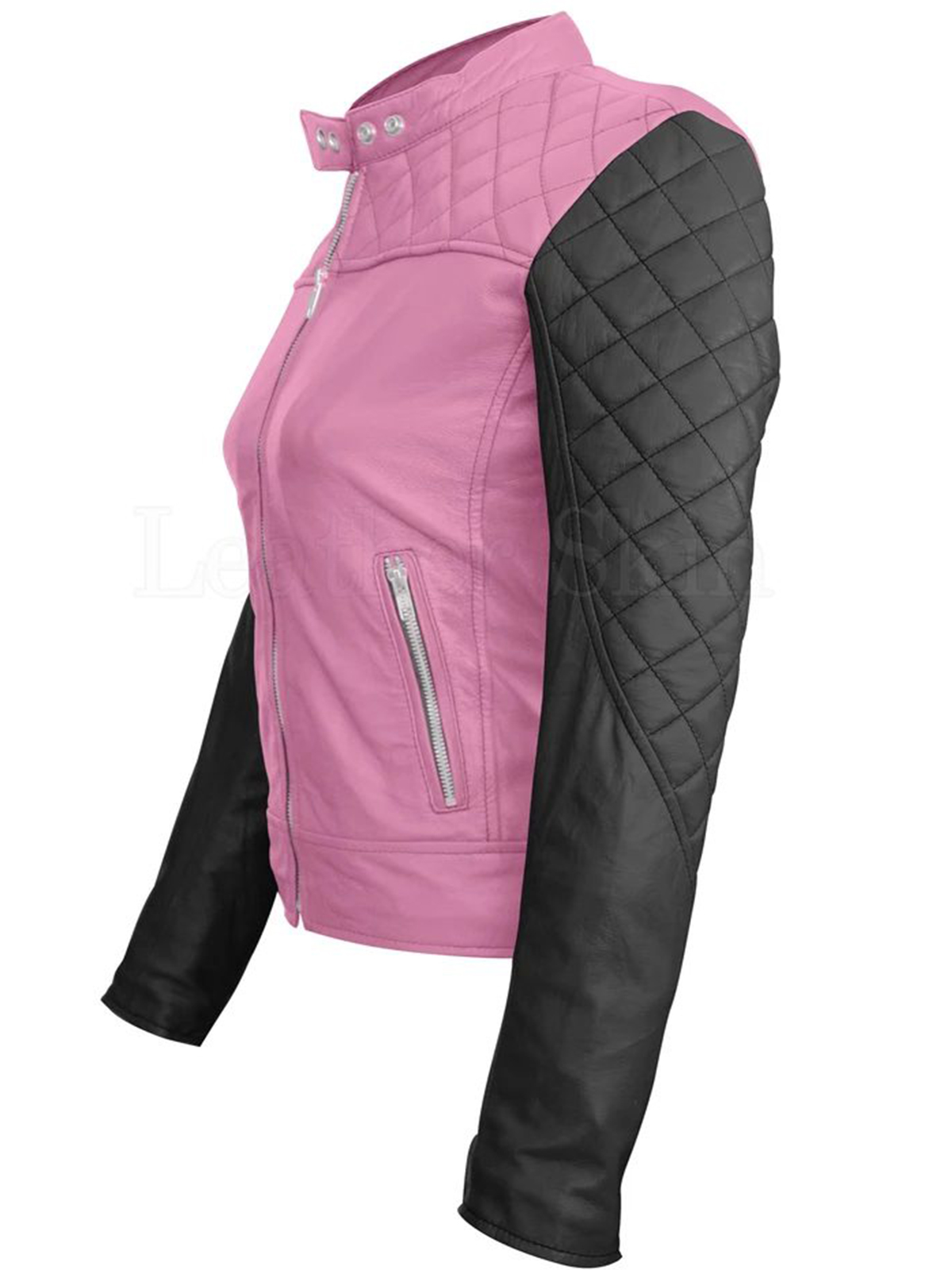 Women’s Pink With Black Sleeves Shoulder Quilted Leather Jacket