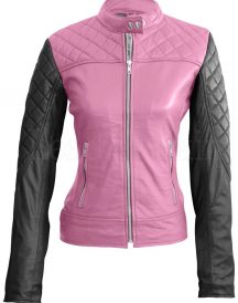 Women’s Pink With Black Sleeves Shoulder Quilted Leather Jacket