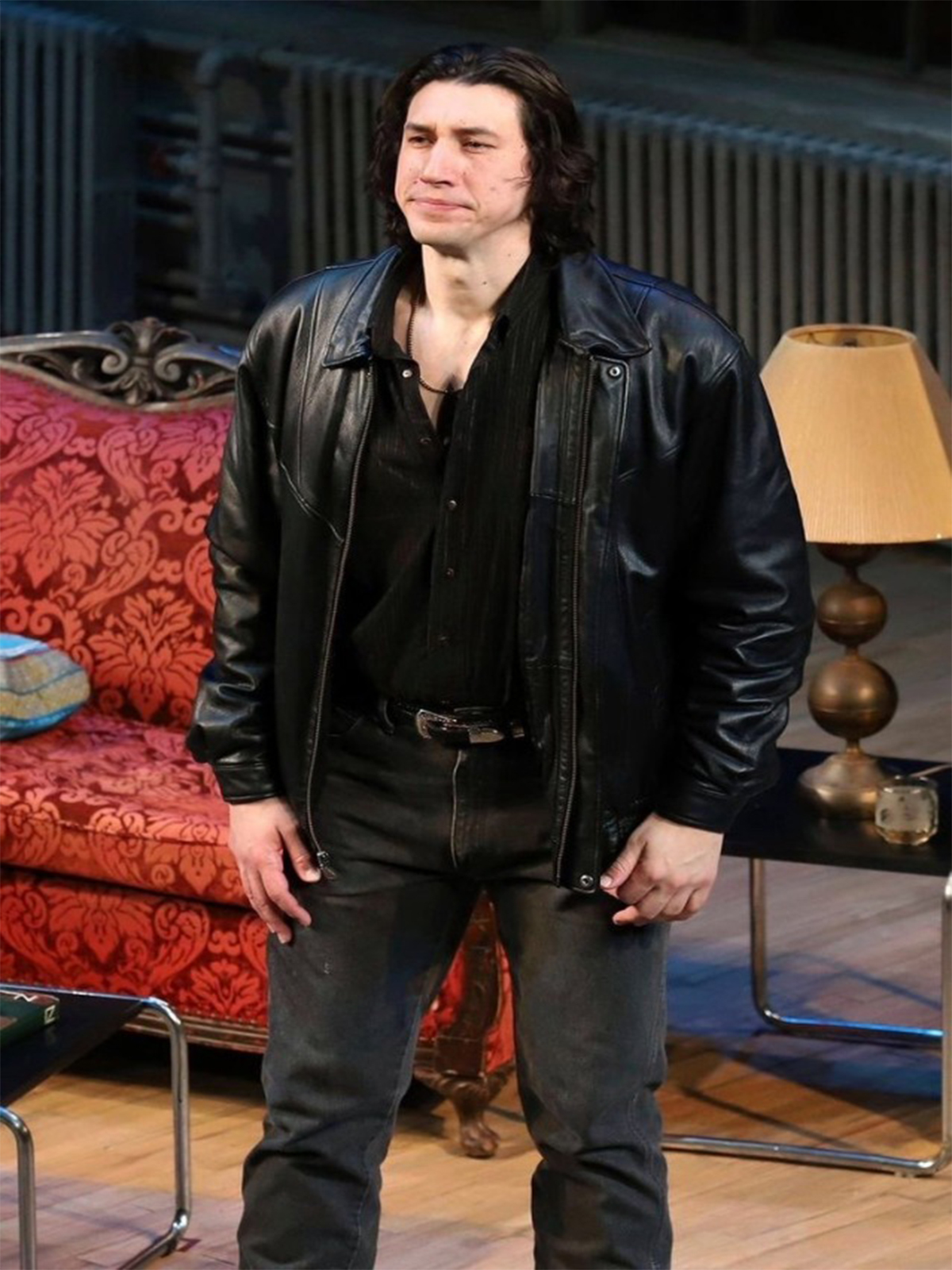 Adam Driver Casual Mens Black Leather Bomber Jacket