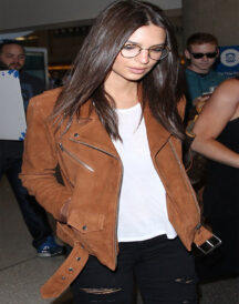 Emily Rataj Kowski Brown Suede Leather Slim Fit Biker Jacket