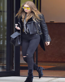 Gigi Hadid Black Biker Jacket With Fur Collar