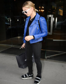Hailey Baldwin Blue Leather Slim Fit Jacket For Women
