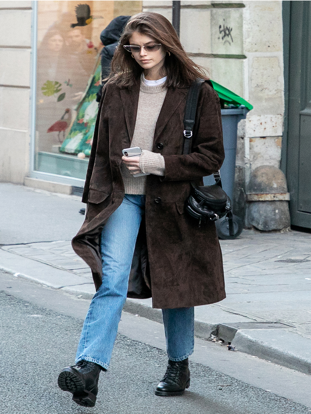 Kaia Gerber Brown Suede Double Breasted Winter Coat For Women