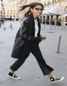 Kaia Gerber Casual Black Real Leather Mini Blazer Coat