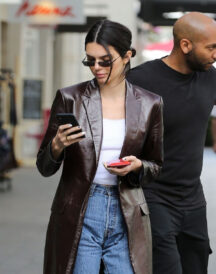 Kendall Jenner Leather Knee Length Winter Coat For Women