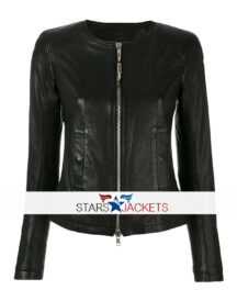 Ladies Casual Slim Fit Black Collarless Leather Biker Jacket