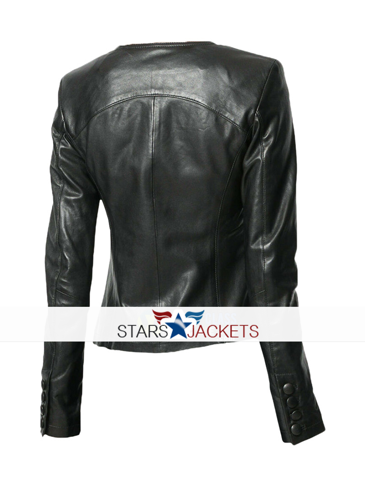 Ladies Casual Slim Fit Black Collarless Leather Biker Jacket