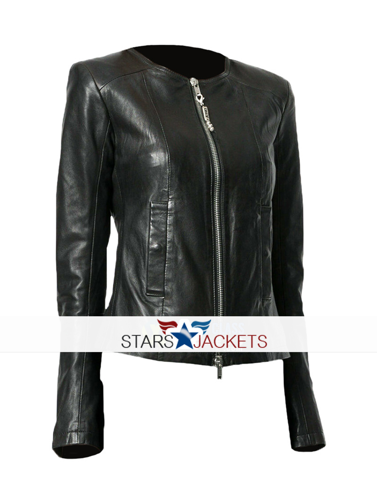 Ladies Casual Slim Fit Black Collarless Leather Biker Jacket