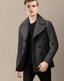 Mens Casual Grey Wool Winter Peacoat On Sale