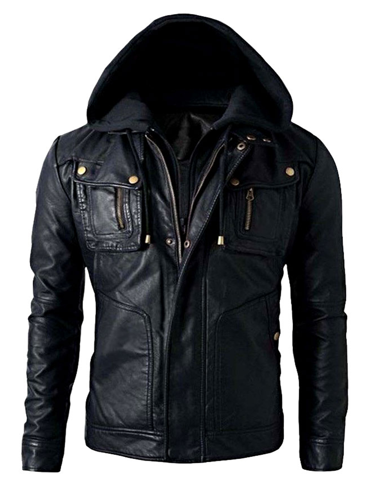 Motorcycle Brando Style Leather Hooded Jacket