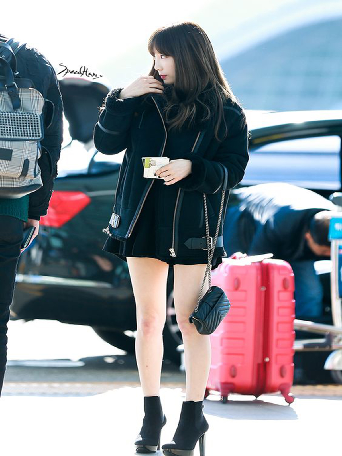 Pop Star Goo Hara B3 Bomber Jacket In Black Suede Leather