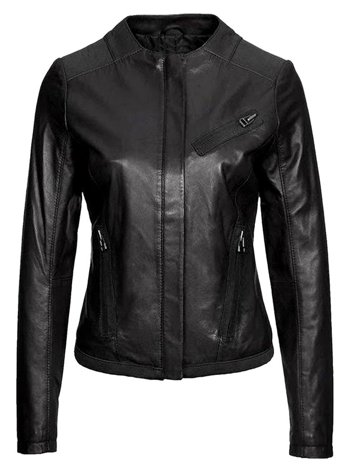 Women’s Casual Wear Collarless Black Leather Jacket