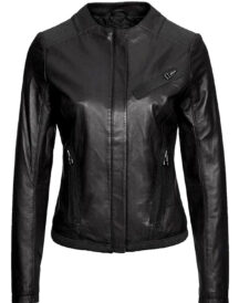 Women’s Casual Wear Collarless Black Leather Jacket