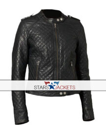 Women’s Classic Quilted Diamond Black Real Leather Biker Jacket