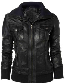 Women’s Men’s Double Collar Casual Slim Fit Black Leather Jacket