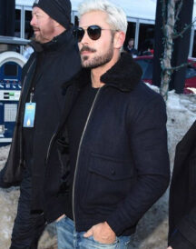 Zac Efron Mens Casual Navy Blue Fur Collar Bomber Winter Jacket