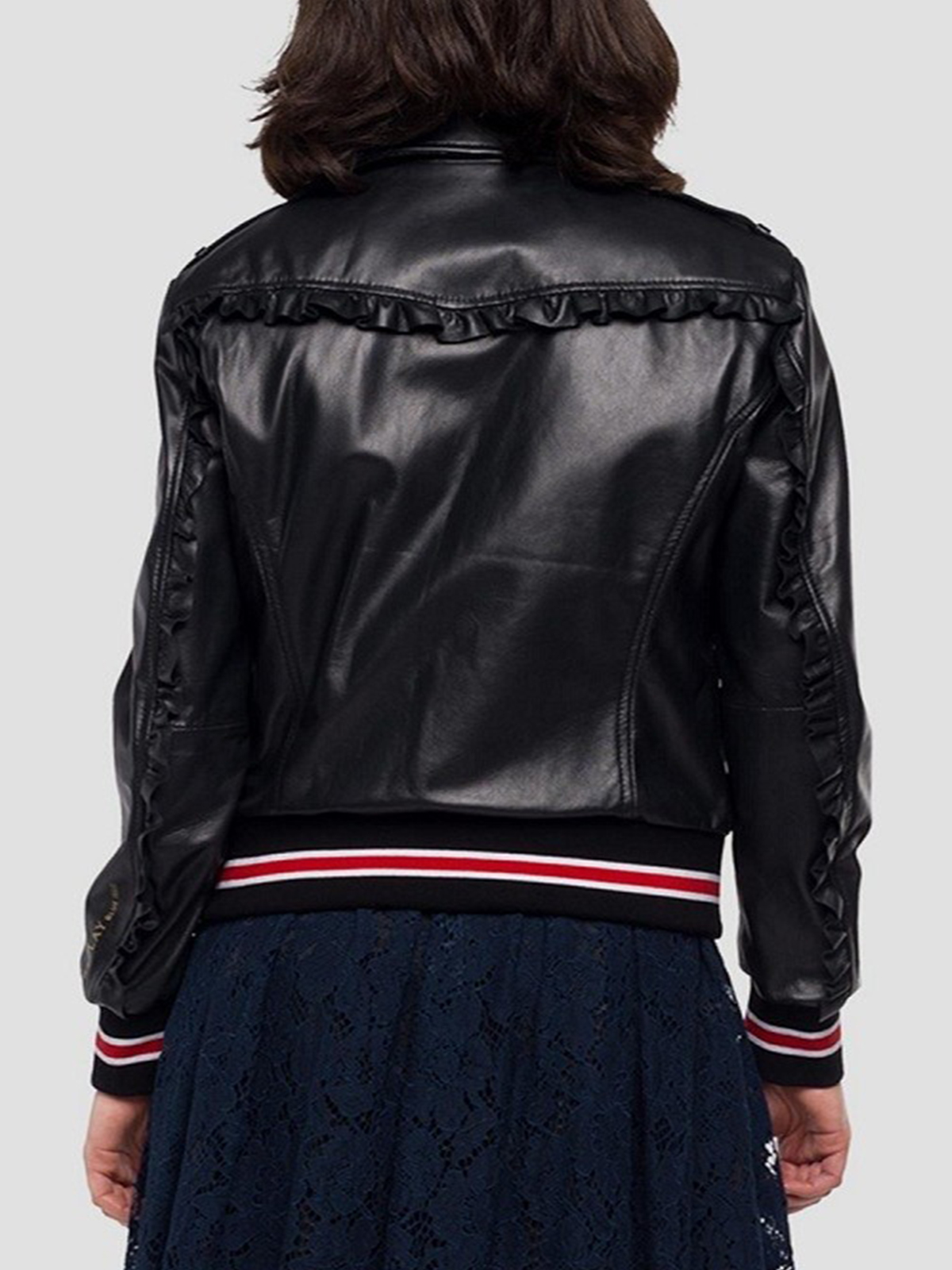 Ladies Ribbed Edges Black Leather Jacket
