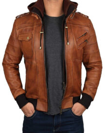 Men Slim fit Removable Hood leather Jacket