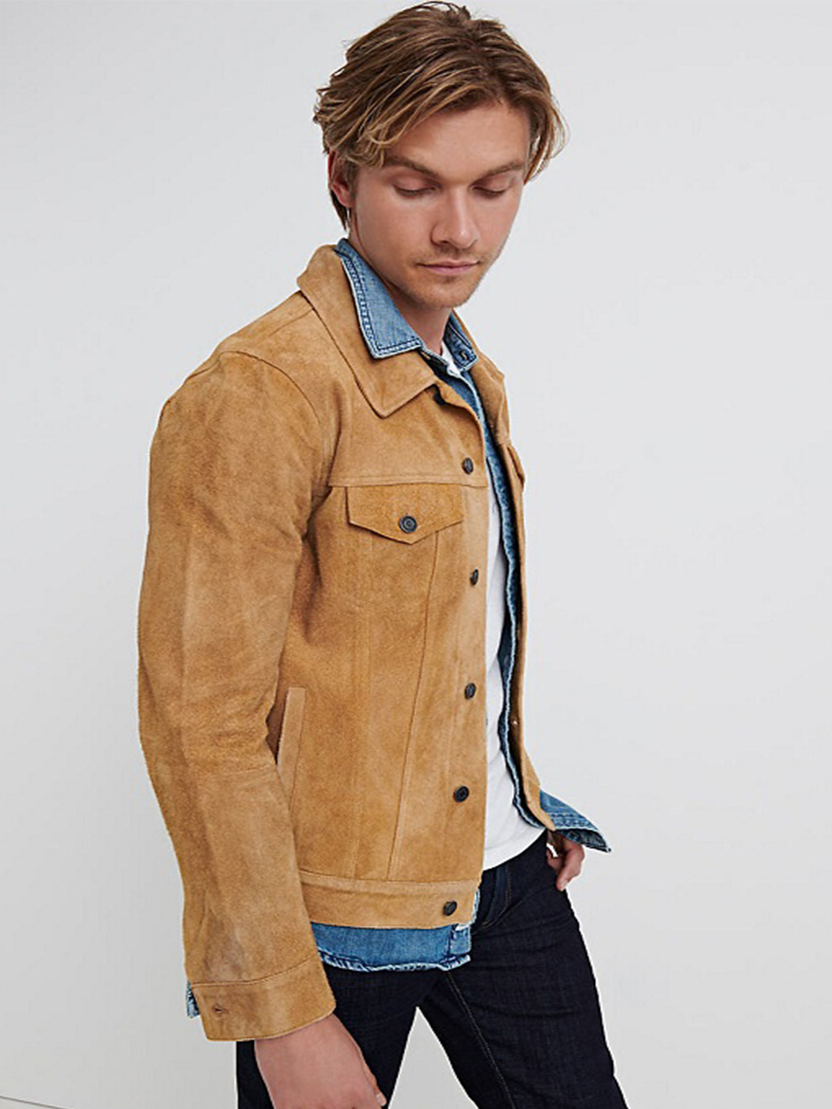 Men Suede Leather Trucker Jacket