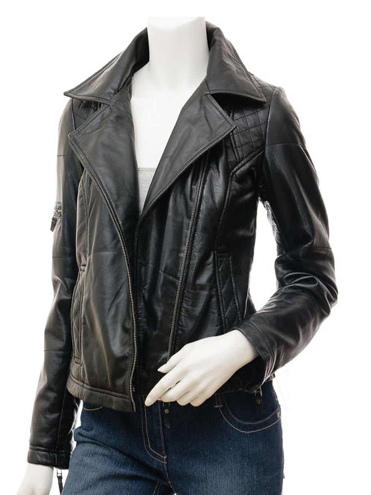 Krynica Womens Black Leather Biker Jacket with Hood