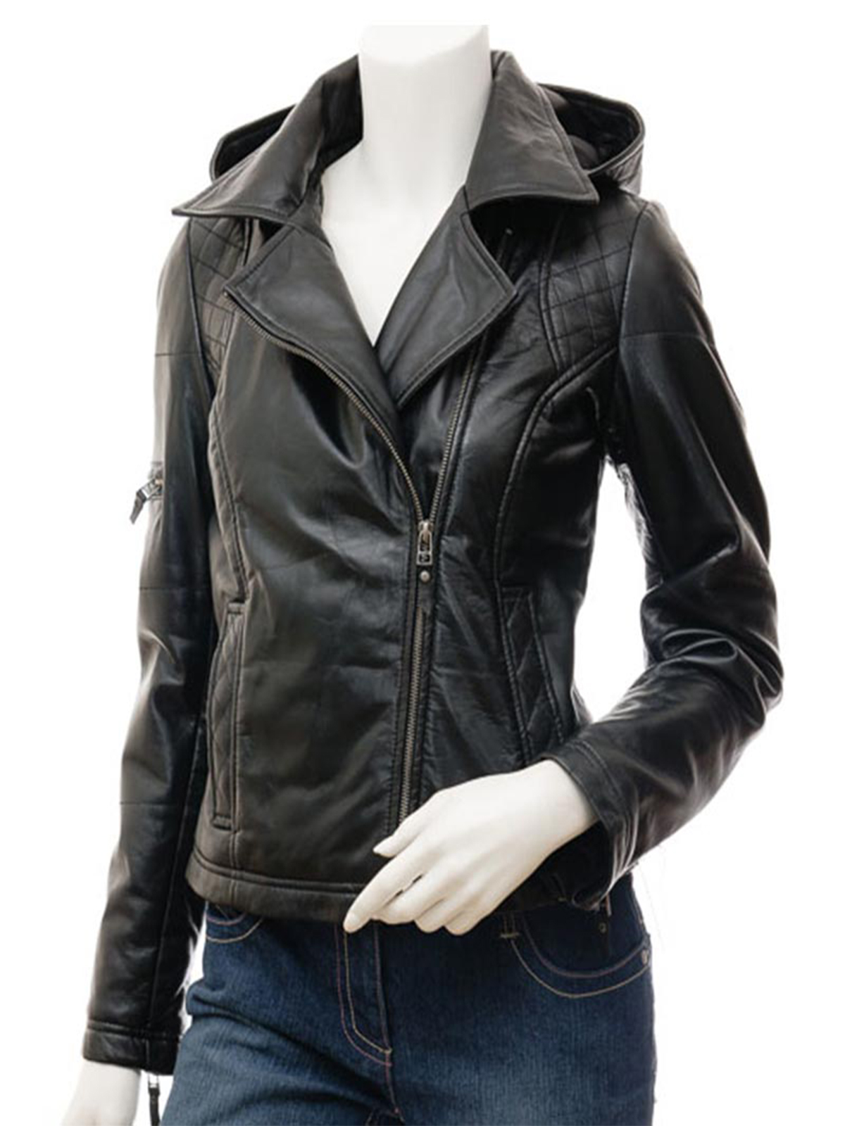 Krynica Womens Black Leather Biker Jacket with Hood