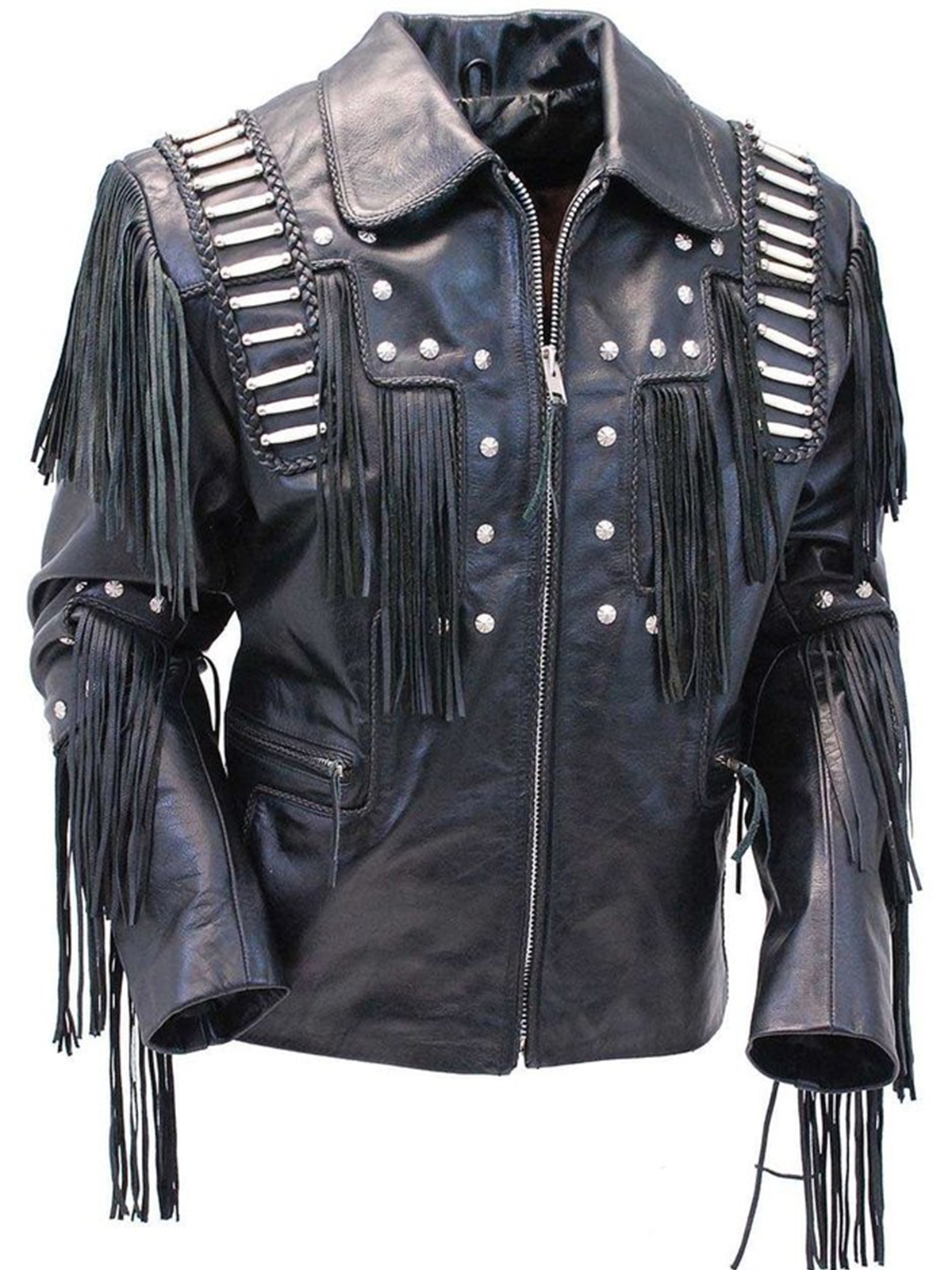 Mens Bones & Braids Fringed Leather Jacket