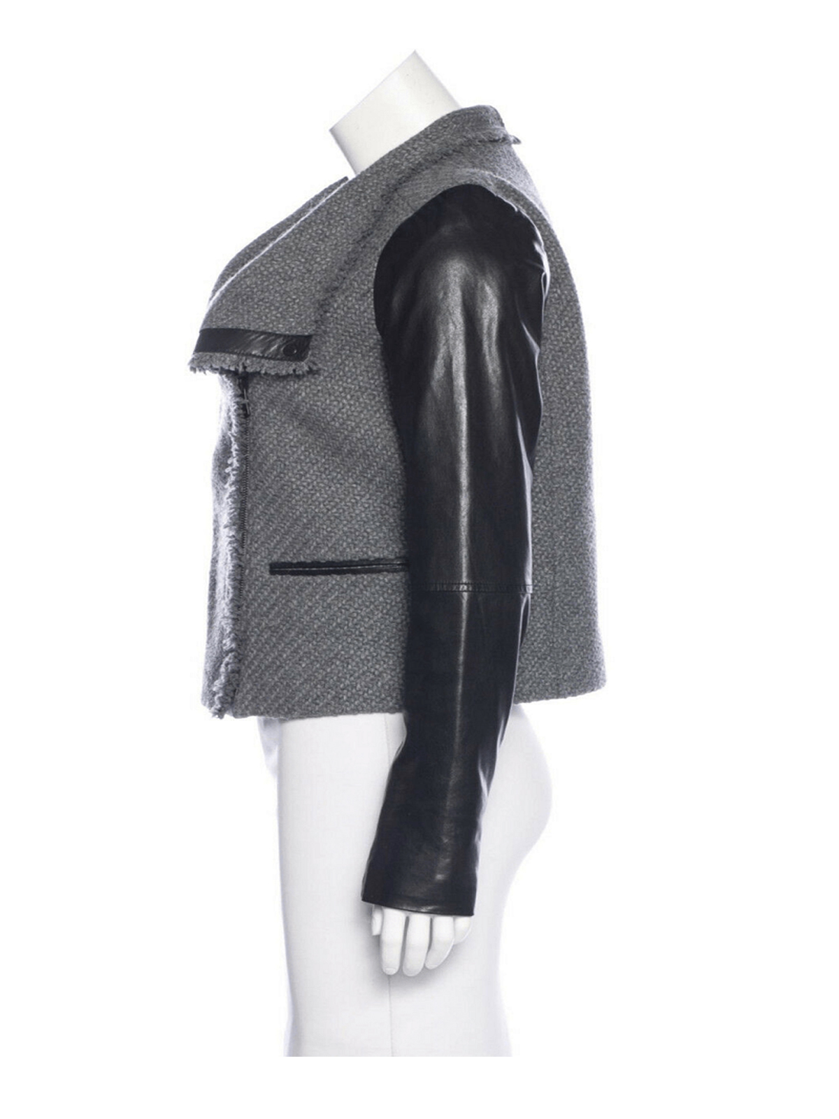 Gray Tweed Boucle Black Leather Sleeve Moto Jacket