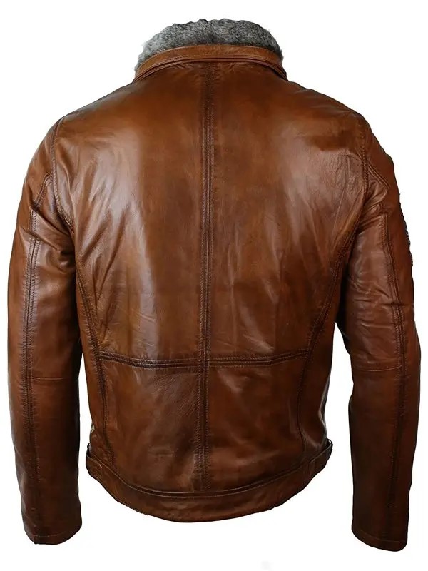 Mens-Distressed-Leather-Biker-Jacket-Belted-Brown-Fur-Collar