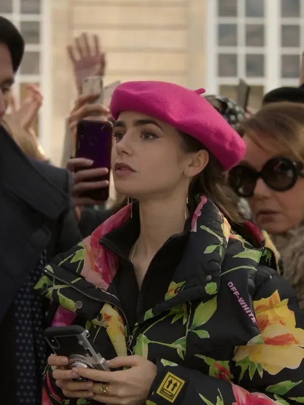 Tv-Seires-Emily-In-Paris-Lily-Collins-Black-Floral-Hooded-Jacket