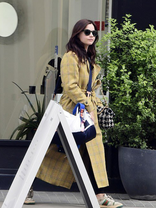 Jenna-Coleman-Long-Mustard-Plaid-Trench-Coat-1