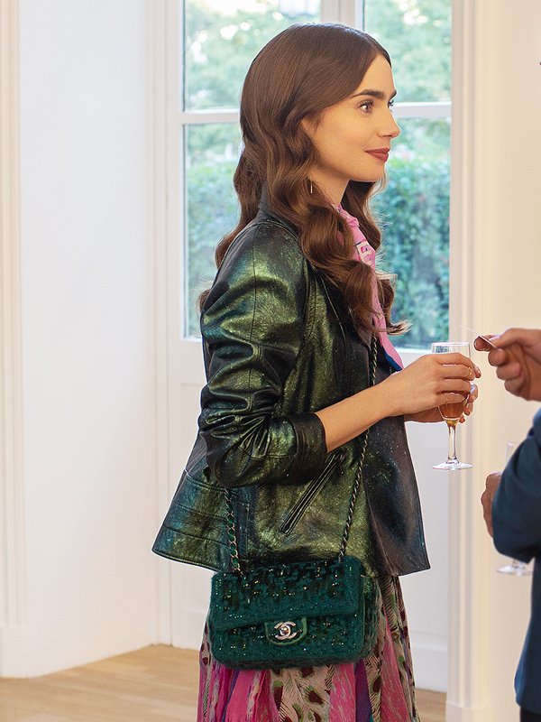 Lily-Collins-Emily-In-Paris-Emily-Cooper-Green-Leather-Motorcycle-Jacket