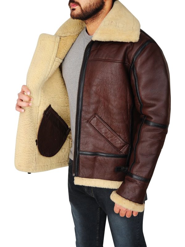 Buy Now Mens Shearling Brown Bomber Leather Jacket