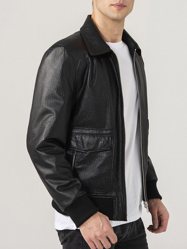 Mens-Shirt-Collar-Black-Bomber-Leather-Jacket