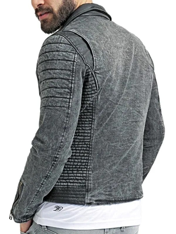Mens-Vintage-Black-Washed-Canvas-Denim-Biker-Jacket-BACK