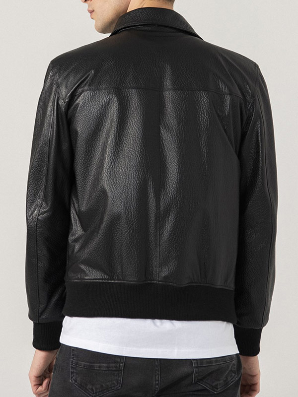 Mens-Shirt-Collar-Black-Bomber-Leather-Jacket