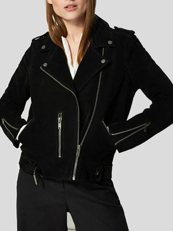 Womens Black Suede Leather Biker Jacket