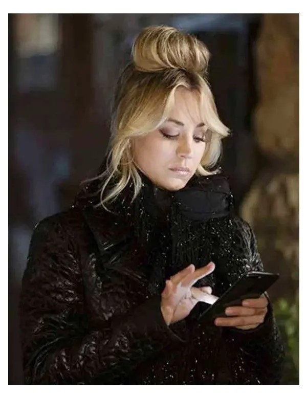 The-Flight-Attendant-Kaley-Cuoco-Black-Crocodile-Leather-Peacoat
