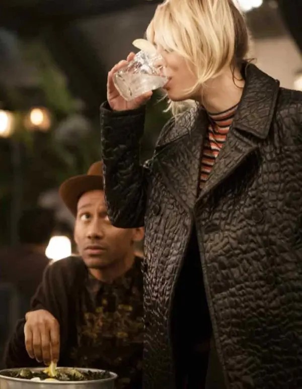 The-Flight-Attendant-Kaley-Cuoco-Black-Crocodile-Leather-Peacoat