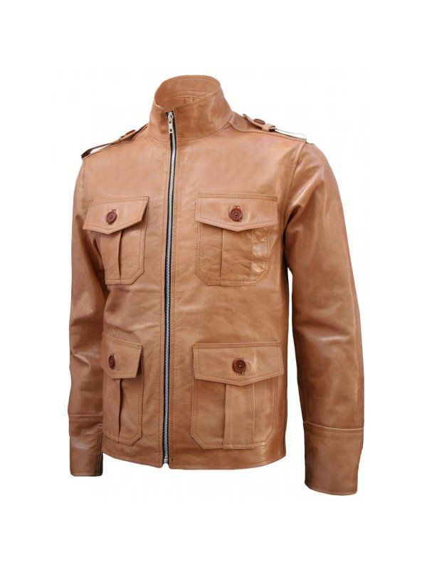 Mens-4-Pockets-Tan-Leather-Jacket