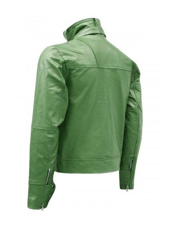 Mens-Green-High-Collar-Biker-Leather-Jacket