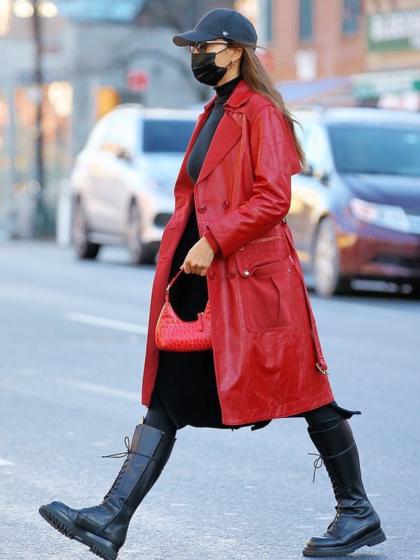 Irina-Shayk-Red-Leather-Trench-Coat