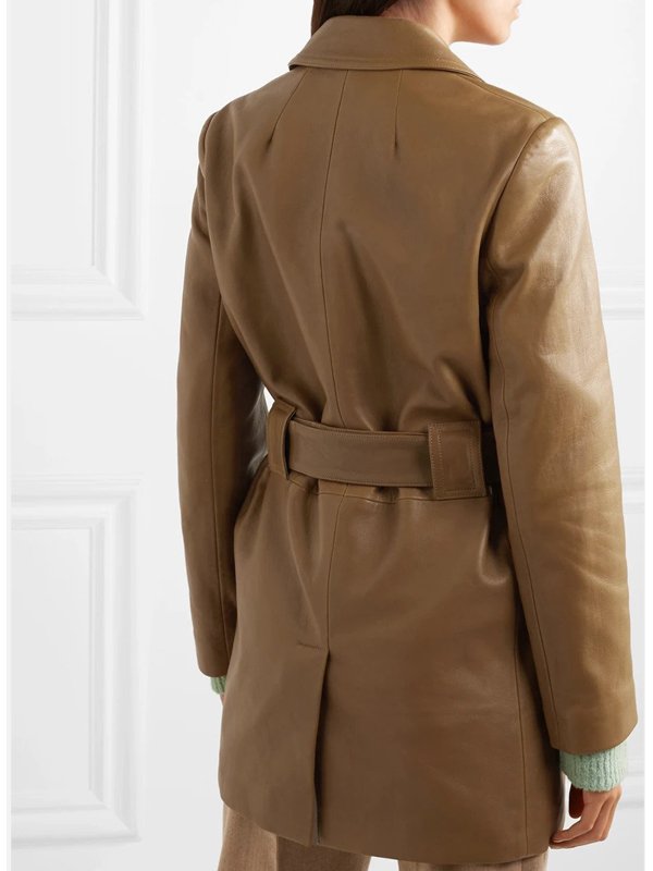 The-Flight-Attendant-Kaley-Cuoco-Brown-Leather-Coat