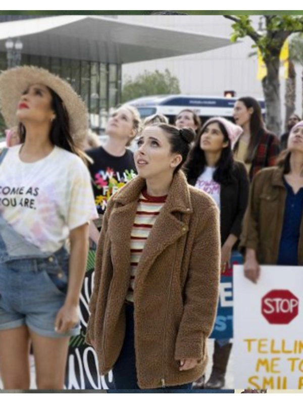 Esther-Povitsky-Dollface-Izzy-Levine-Brown-Faux-Fur-Coat